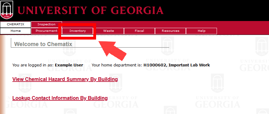 Chematix home page with Inventory highlighted