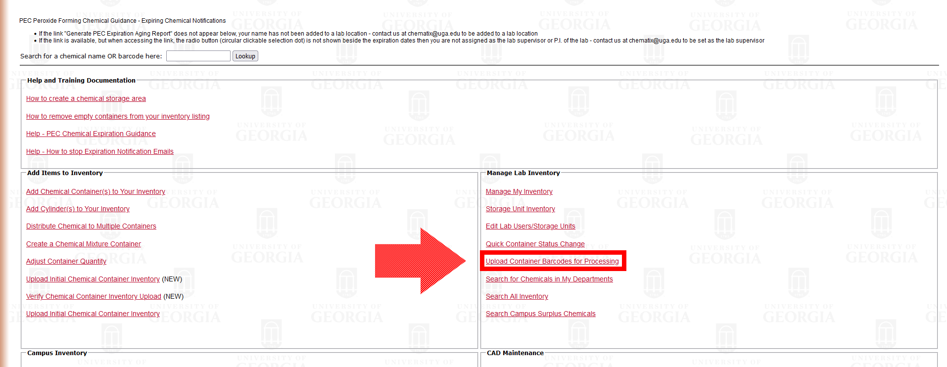 Chematix inventory page with "Upload Container Barcodes for Processing" highlighted