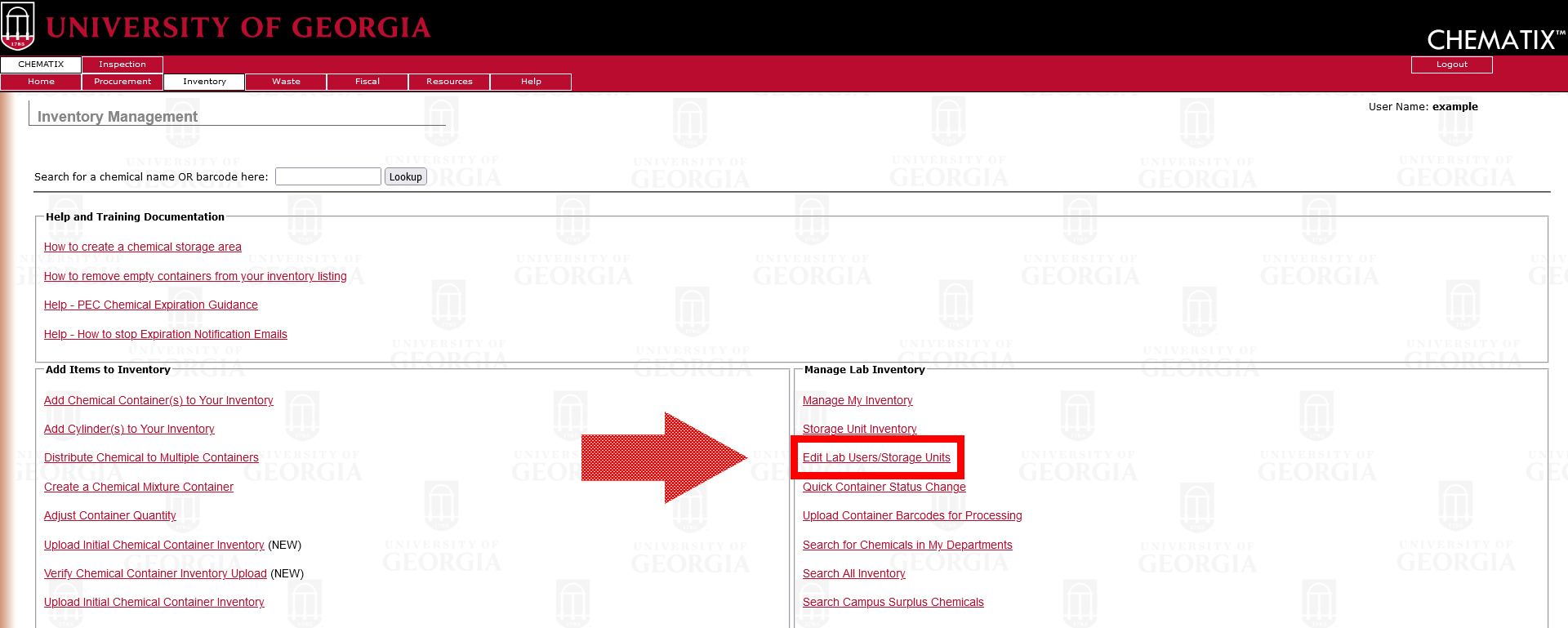 Chematix inventory page with "Edit Lab Users/Storage Units" highlighted