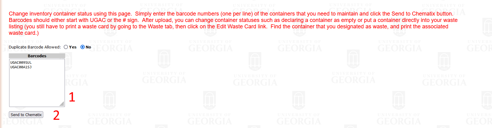 Barcode input box with two barcodes in it marked step 1, and the "Send to Chematix" button marked step 2