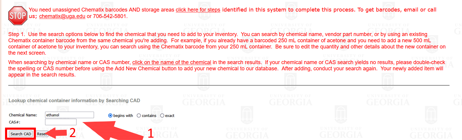 Chemical Name search box filled with "ethanol"