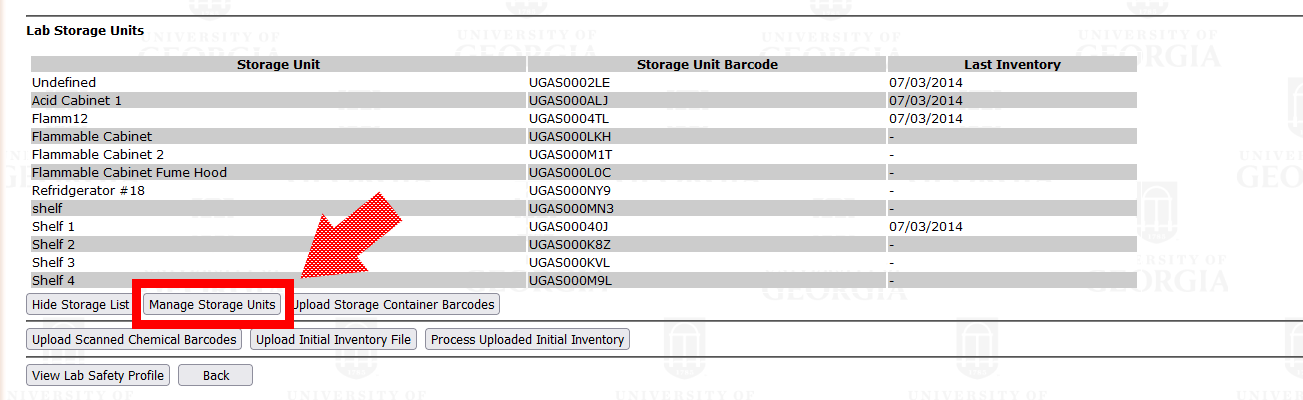 Chematix storage units with "Manage Storage Units" highlighted