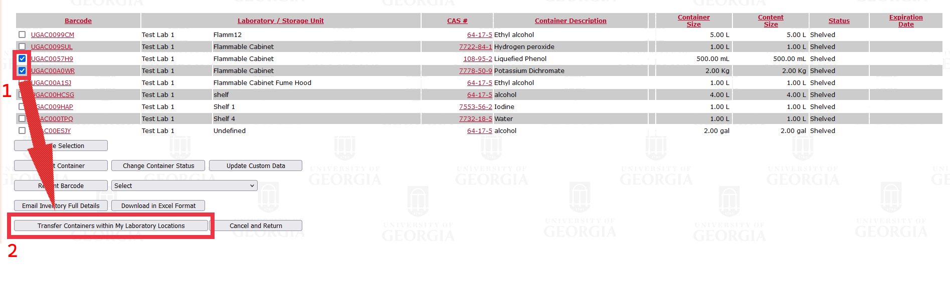 A list of chemicals with two checked, then indicating "Transfer Containers within My Laboratory Locations"