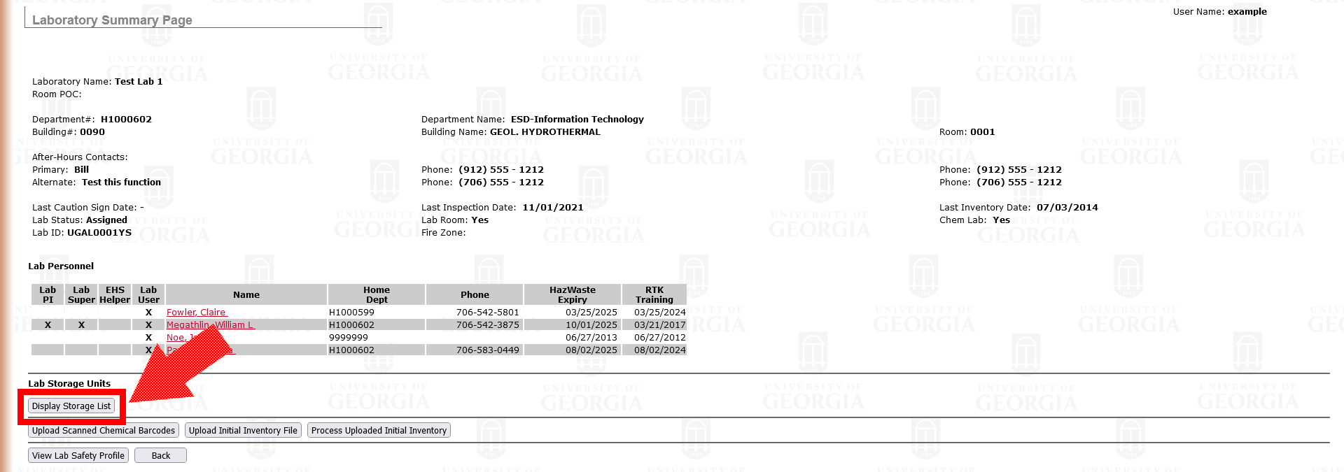 "Laboratory Summary Page" with "Display Storage List" highlighted