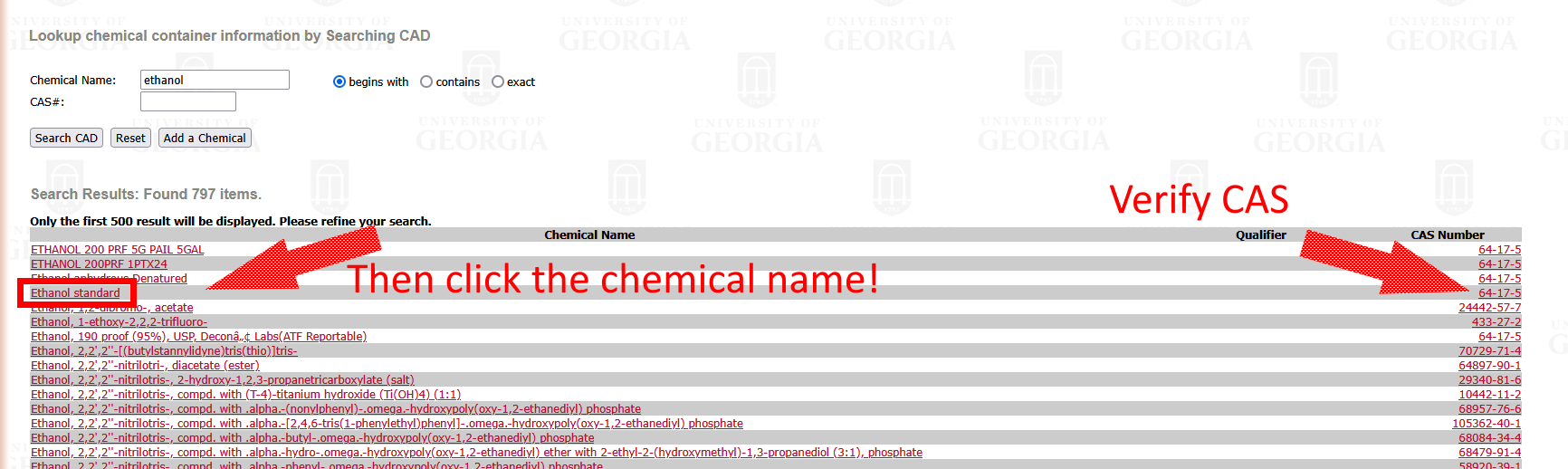 Chematix chemical search results with "ethanol standard" highlighted