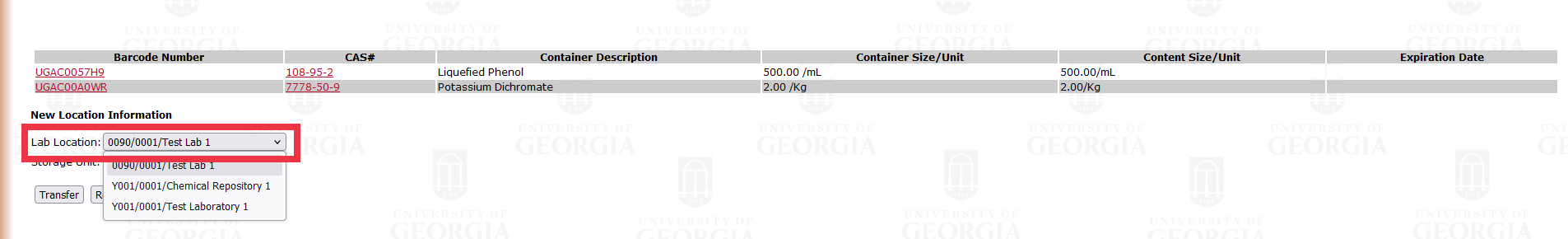 Chemical list with "Lab Location" highlighted