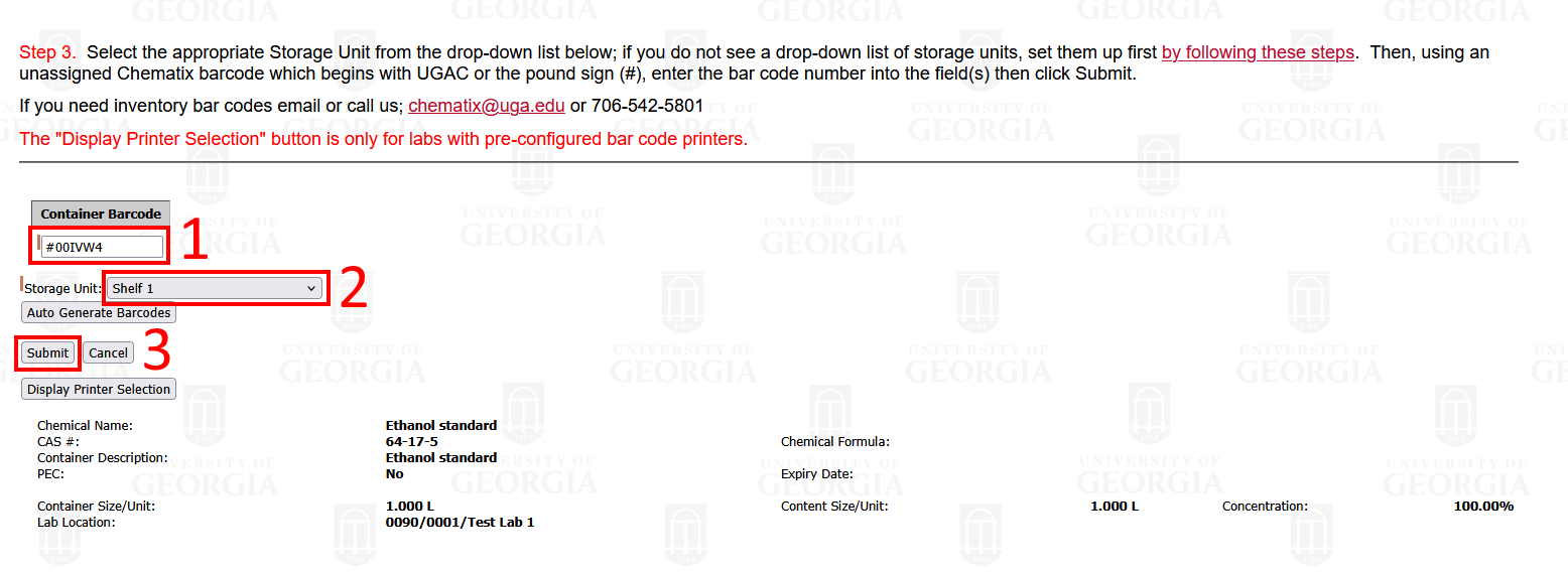 Inputs with Container Barcode, Storage Unit, and Submit highlighted
