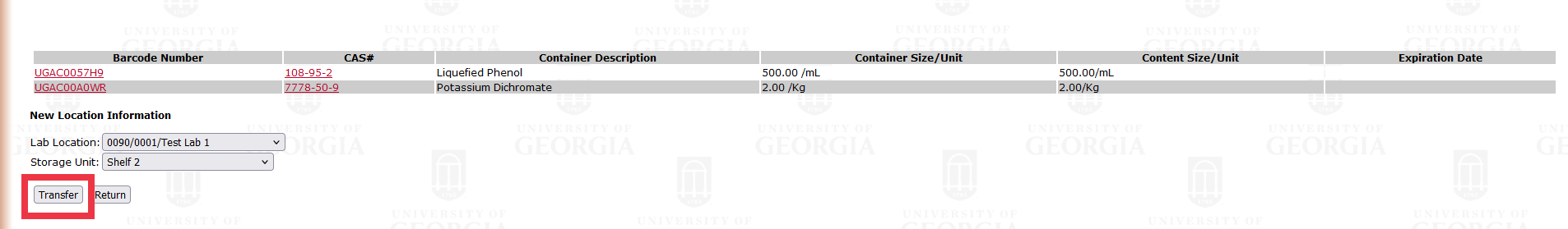 Chemical list with "Transfer" highlighted