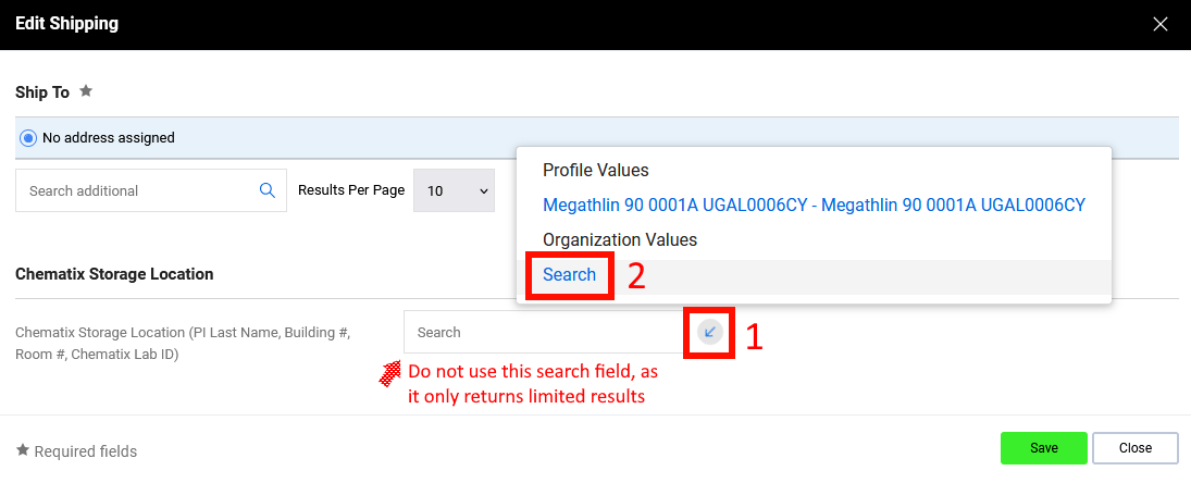 Edit Shipping popup with an arrow in a search box highlighted, then Search highlighted. The search field says "Do not use this search field, as it only returns limited results"