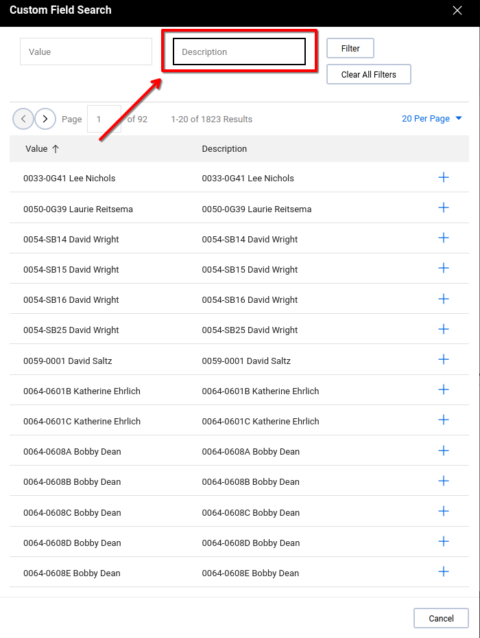 Custom Field Search with Description search box highlighted