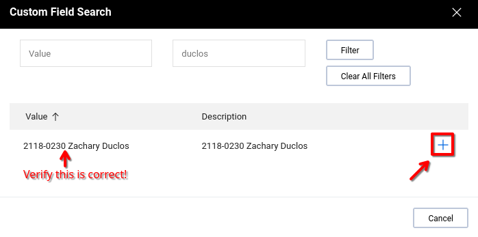 Custom Field Search popup with one lab entry highlighted, then the + button next to it