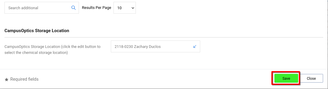 Edit Shipping popup with lab info in the CampusOptics Storage Location box and Save highlighted