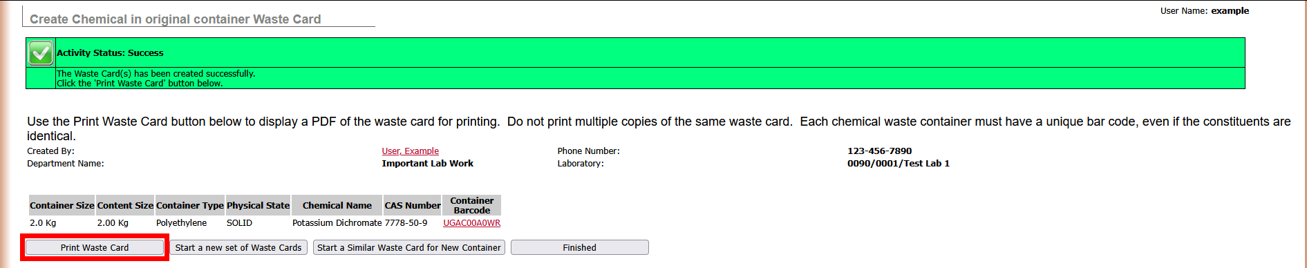 Created waste card page with Print Waste Card highlighted