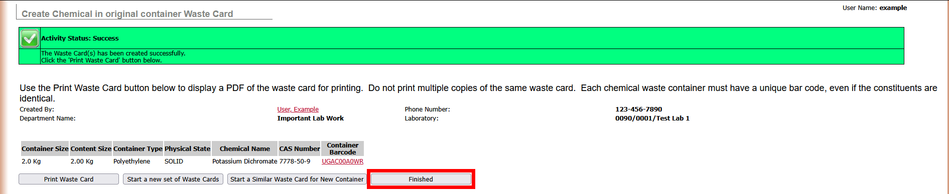 Created waste card page with Finished highlighted