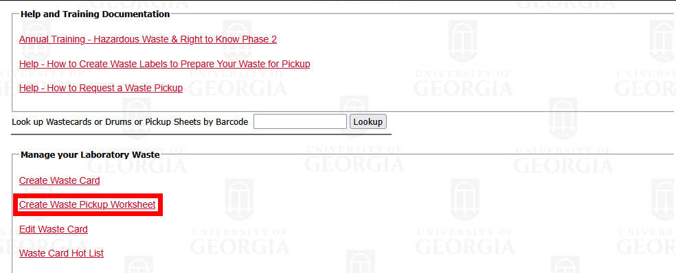 Chematix waste page with Create Waste Pickup Worksheet highlighted