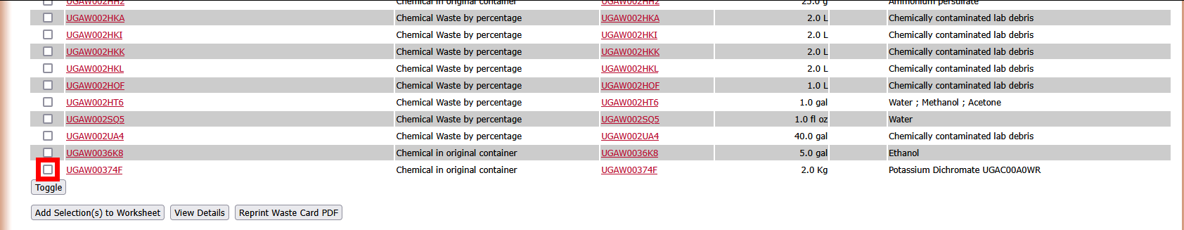 Waste cards with one checkbox highlighted