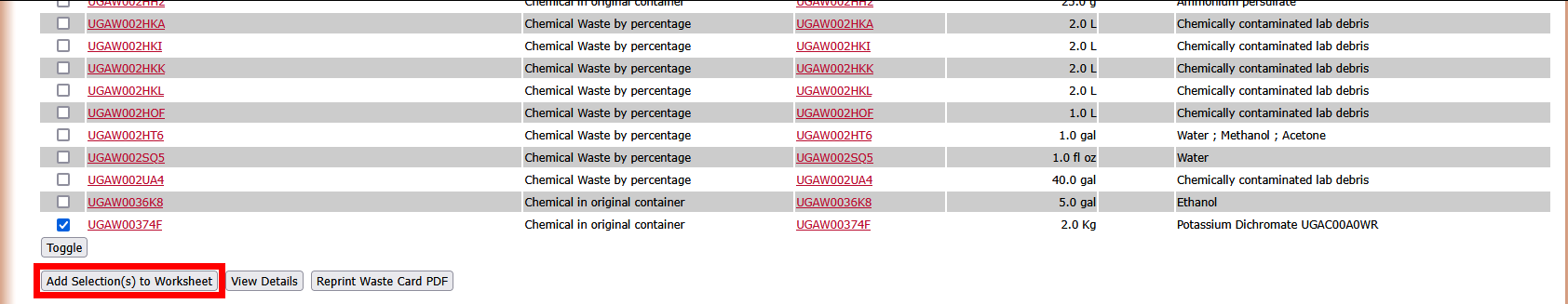 Waste cards with Add Selection(s) to Worksheet highlighted