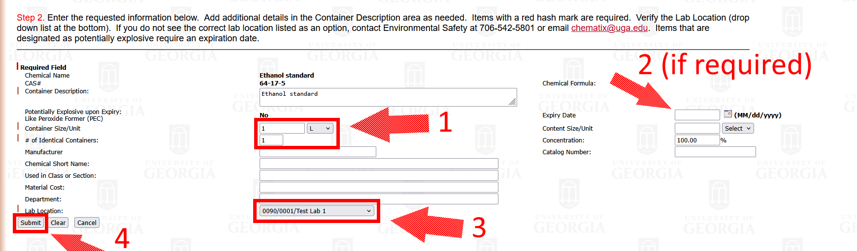 Add Chemical Container page with highlights around inputs for "container size/unit", "# of identical containers", "expiry date", "lab location", and "Submit"