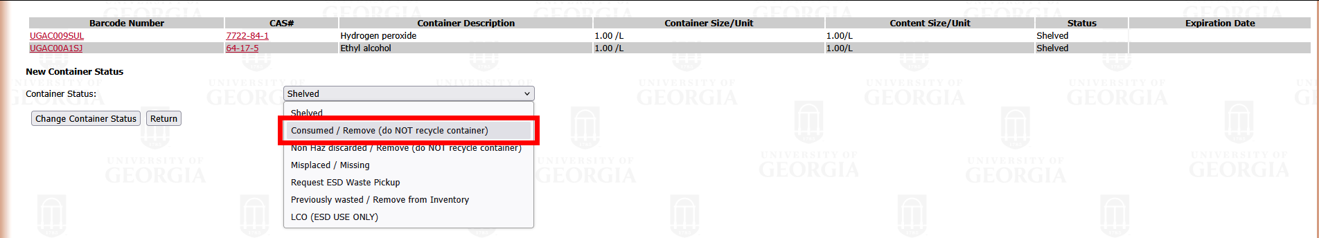 Changing status page with Container Status dropdown open and Consumed / Remove highlighted