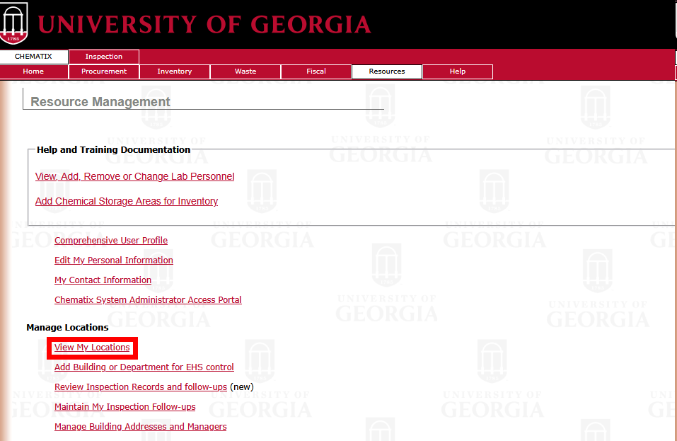 Chematix resources page with View My Locations highlighted