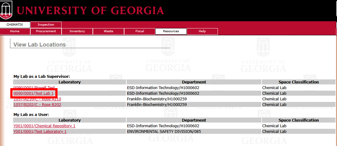 View Lab Locations page with Test Lab 1 highlighted