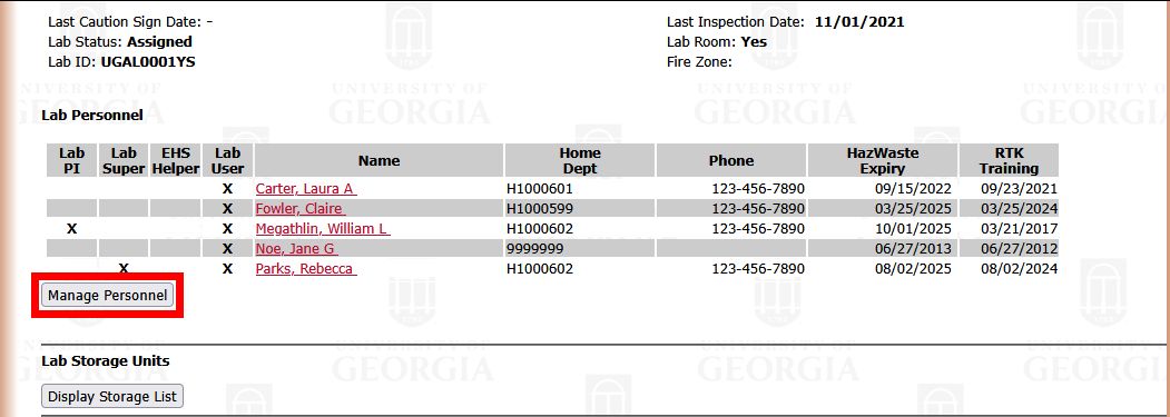 Laboratory Summary page with Manage Personnel highlighted