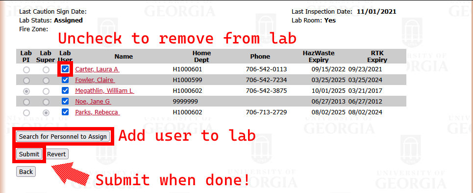 Laboratory Personnel page with instructions: uncheck to remove from lab, add user to lab via Search button, Submit when done