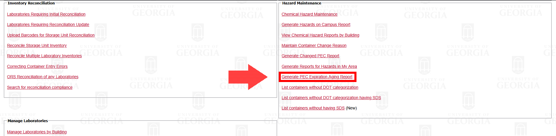 Chematix inventory page with Generate PEC Expiration Aging Report highlighted