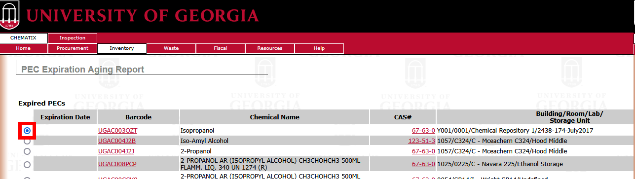 PEC Expiration Aging Report with one radio button selected