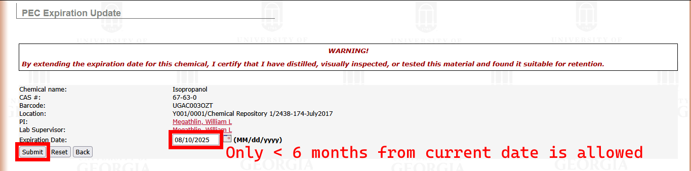 PEC Expiration Update page with a date filled in and Submit highlighted. "Only < 6 months from current date is allowed"