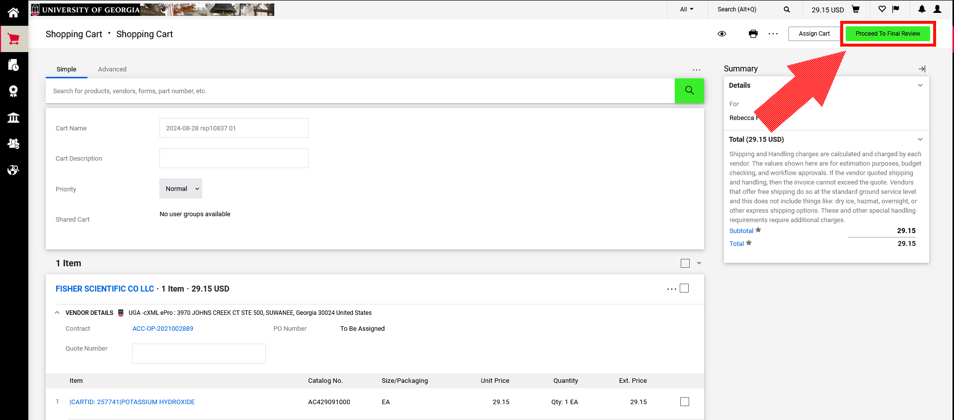UGAmart cart with Proceed to Final Review highlighted