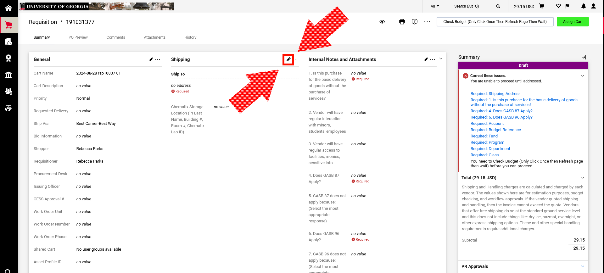 UGAmart requisition with a pencil icon next to Shipping highlighted