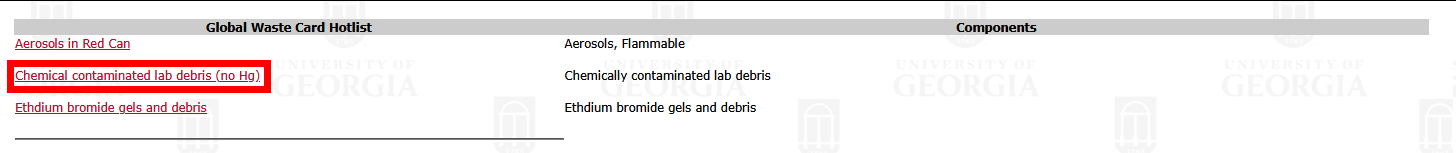 Waste Card hotlist with Chemical contaminated lab debris (no Hg) highlighted