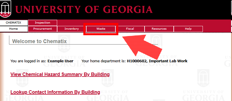 Chematix home page with the Waste tab highlighted