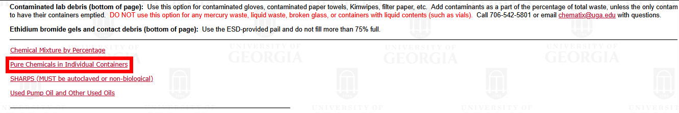 Create Waste Card page with Pure Chemicals in Individual Containers highlighted