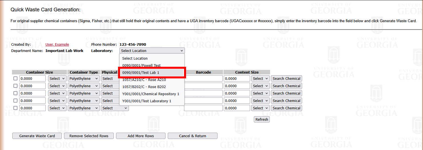 Waste Card page with a Laboratory dropdown entry highlighted