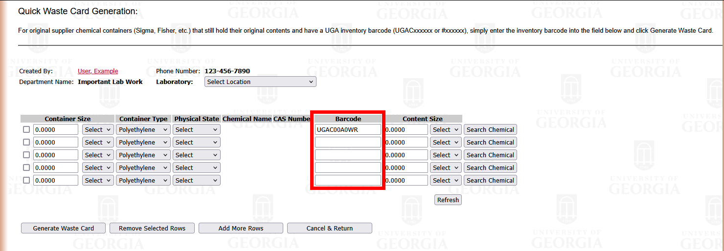 Waste Card page with the Barcode inputs highlighted